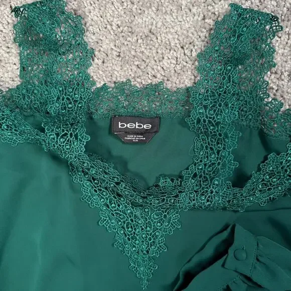Bebe Green Lace Mesh Open Shoulder Top M Fairy Grunge Romantic Gothic Cottage - Picture 4 of 8